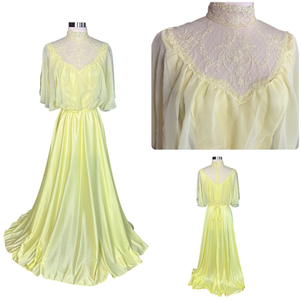 Vintage 70s Cottagecore Yellow Lace High Neck Flowy Nightgown House Dress Medium